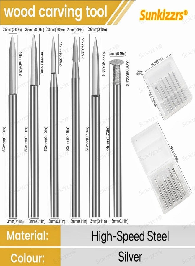 Sunkizzrs® 6-Pcs Wood Carving Drill Bits Set 3mm Round Shank -Detail Carving Bits -HSS Engraving Drill for Dremel -DIY Crafts Rotary Tool for Grinding/Polishing/Micro Sculpture (Needle Tips Set) - Image 2